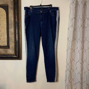 Ashley Stewart Blue Denim Jeans with White Stripe and Glistening Hardware, Size
